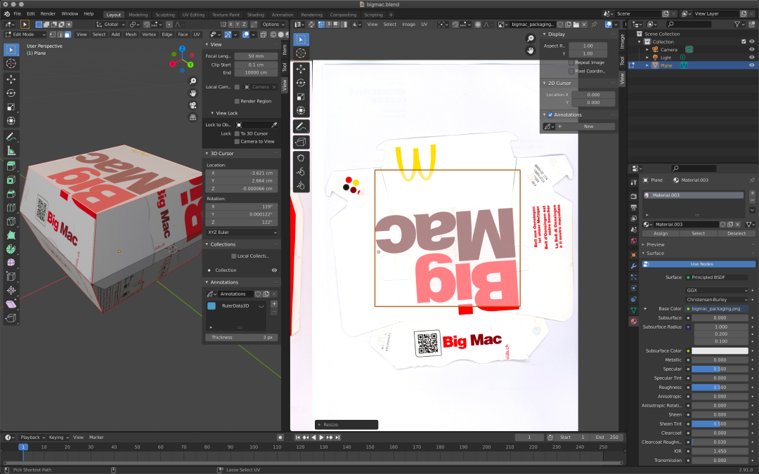 Blender interface with Big Mac being modeled