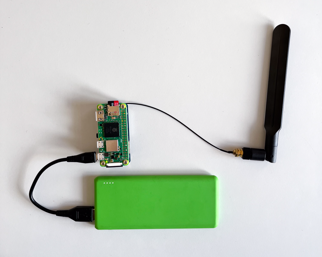 Raspberry Pi with an LTE hat powered by a powerbank